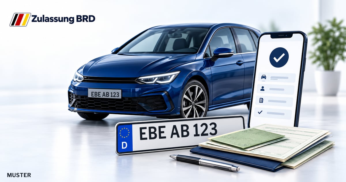 Online Fahrzeugzulassung in Kirchseeon: Musterkennzeichen EBE AB 123, Auto und Fahrzeugpapiere und Smartphone. Illustration mit Logo von Zulassung BRD.